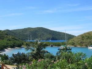 Overlook of harbor and mountain on a charted yacht