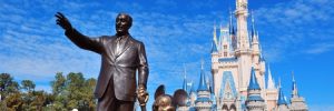 Walt and Mickey statue in front of Castle in Disney World