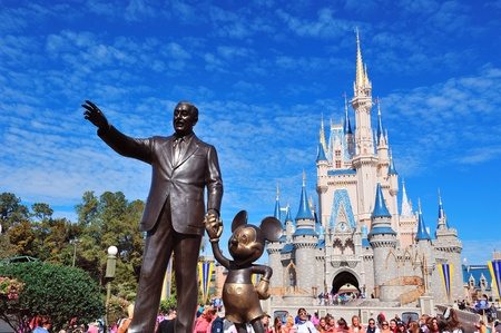 Walt and Mickey statue in front of Castle in Disney World