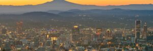 City skyline in Portland with Mountain peak