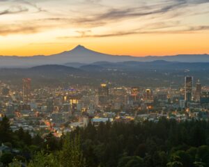 City skyline in Portland with Mountain peak