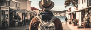 Man backpacker travel sightseeing city around the world on vacation.