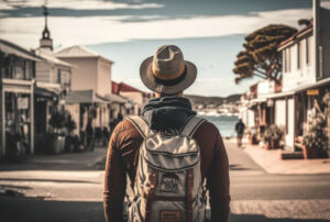 Man backpacker travel sightseeing city around the world on vacation.