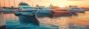 Luxury yachts in port at sunset. Yacht. Modern motor boats