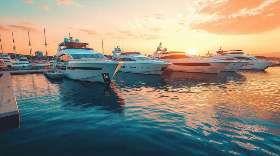 Luxury yachts in port at sunset. Yacht. Modern motor boats
