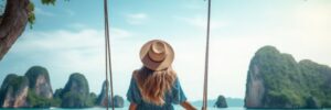 A young girl swings on a swing on the coast near palm trees.