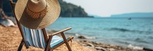 sun lounger on a paradise beach by the sea with a straw hat hanging on it