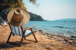 sun lounger on a paradise beach by the sea with a straw hat hanging on it